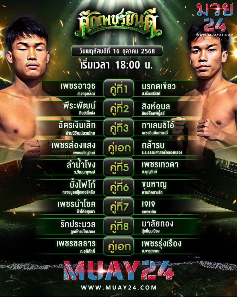 โปรแกรมมวย 16 ตุลาคม 2025 ศึกเพชรยินดี