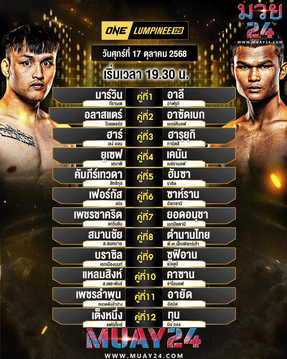 โปรแกรมมวย 17 ตุลาคม 2025 ศึกONE ลุมพินี