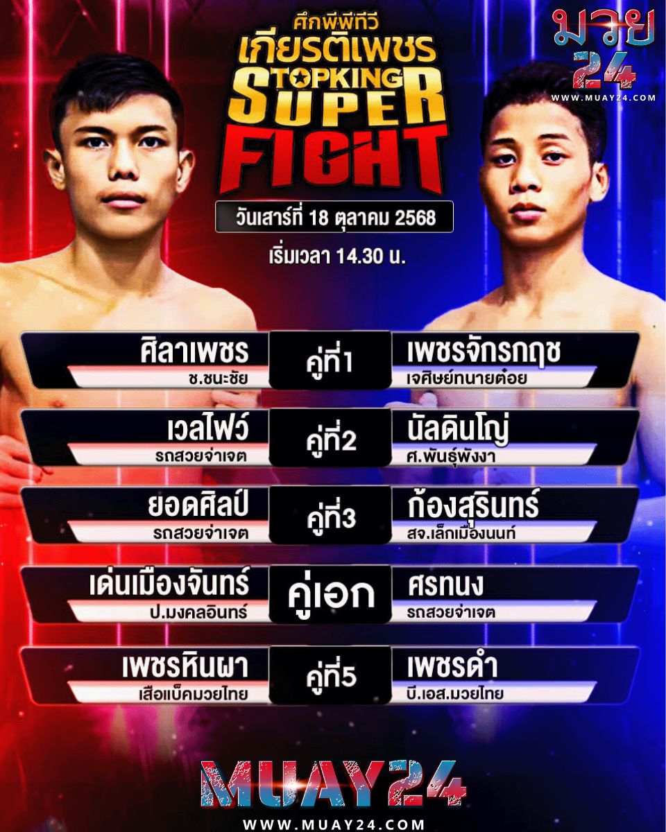 โปรแกรมมวย 18 ตุลาคม 2025 ศึกพีพีทีวี เกียรติเพชร Topking